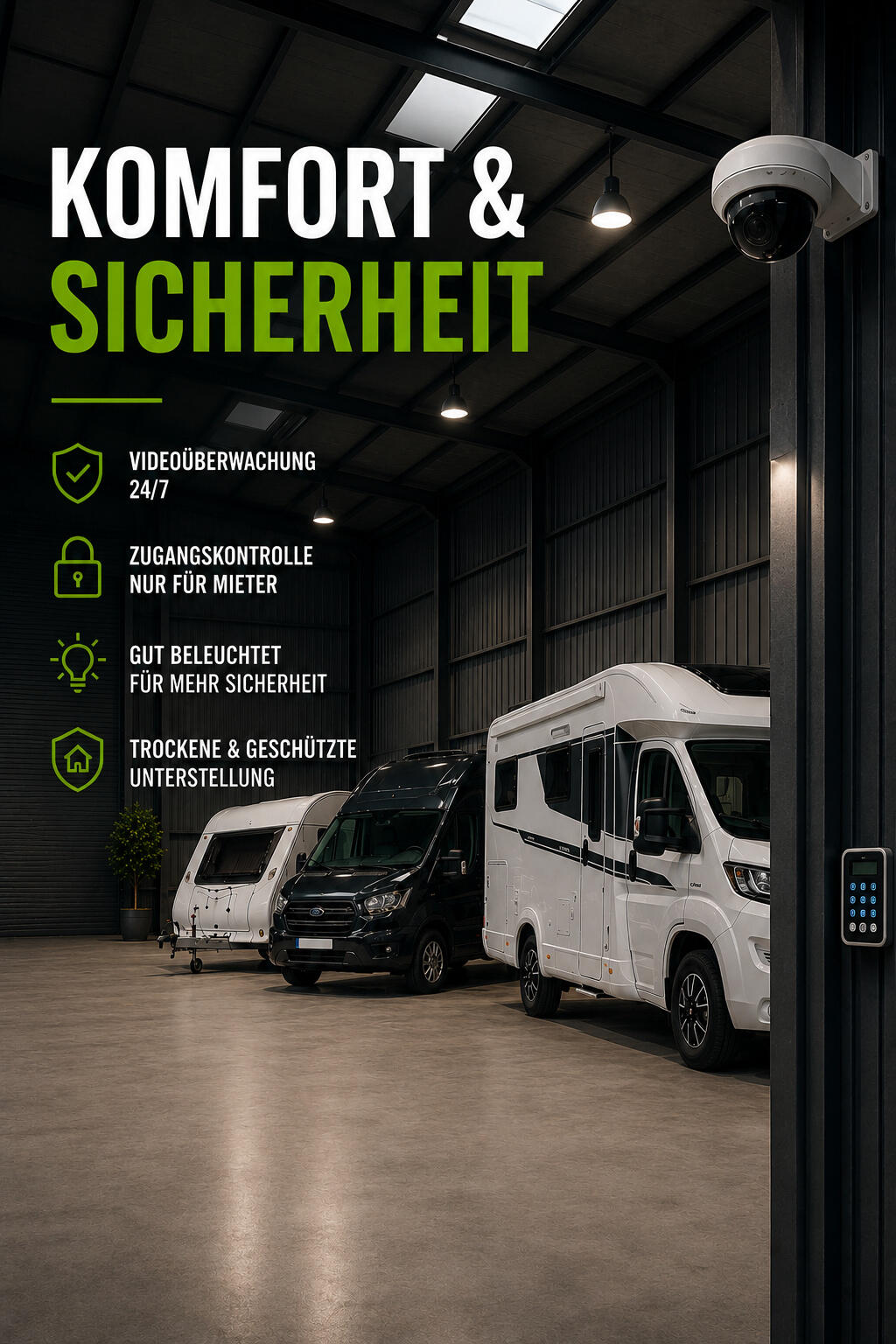 Moderne Fahrzeughalle mit Wohnmobil, Wohnwagen und Transporter auf markierten Stellplätzen. Sichtbare Videoüberwachung, Zugangskontrolle und helle Hallenbeleuchtung unterstreichen das hohe Sicherheitsniveau der Hallenstellplätze in Schwäbisch Hall-Sulzdorf
