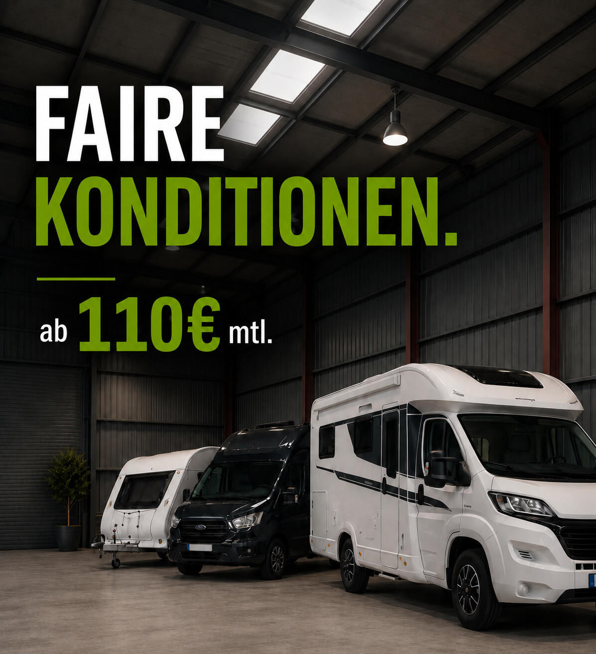 Moderne Fahrzeughalle mit Wohnmobil, Wohnwagen und Transporter auf klar markierten Stellplätzen. Grafik mit Hinweis auf faire Stellplatzpreise ab 90 € pro Monat für sichere Fahrzeugunterstellung in Schwäbisch Hall-Sulzdorf.