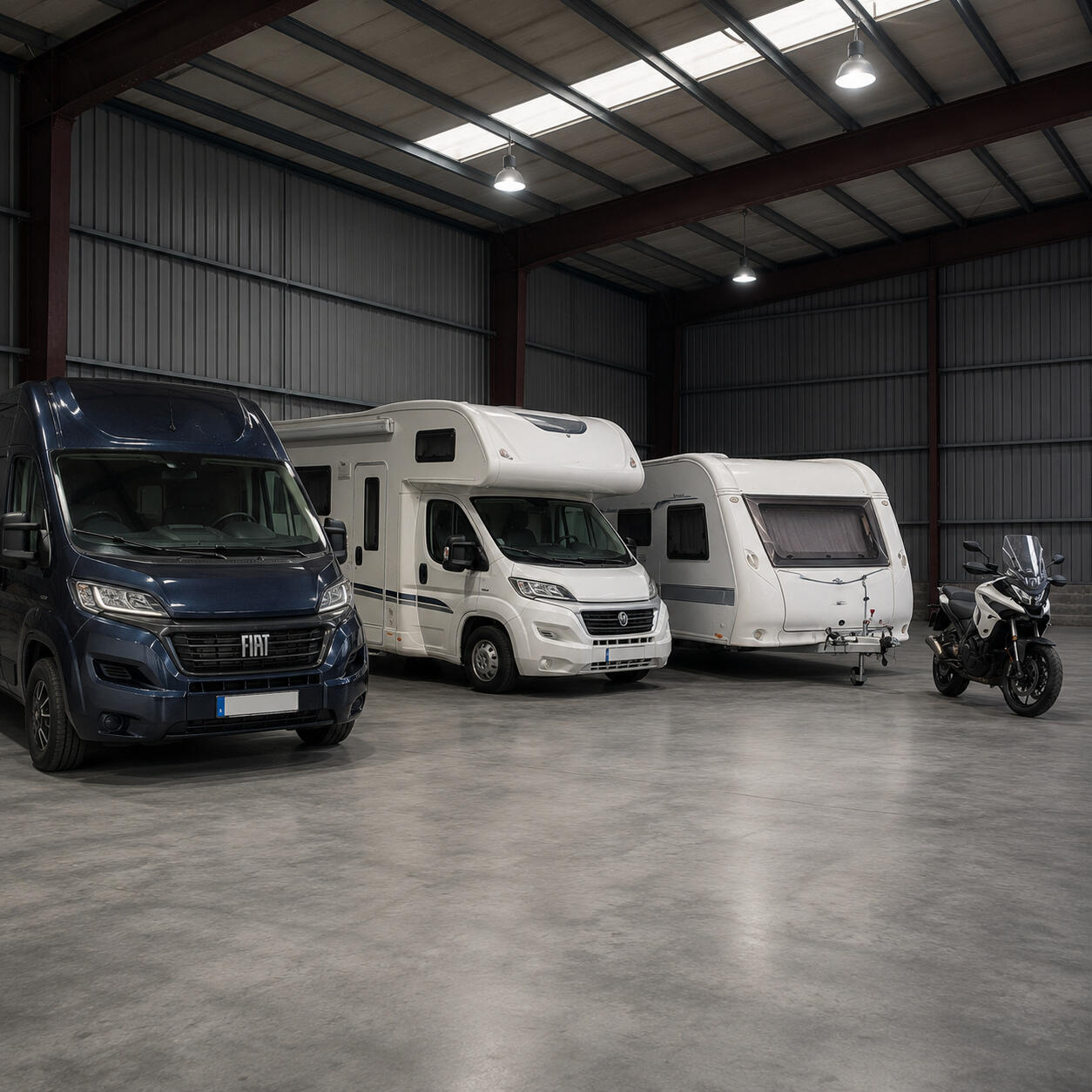 Großzügige, moderne Fahrzeughalle mit Wohnmobil, Wohnwagen, Campervan und Motorrad auf sauberen, überdachten Stellplätzen. Die Fahrzeuge stehen trocken, sicher und geschützt in einer abgeschlossenen Halle in Schwäbisch Hall-Sulzdorf.
