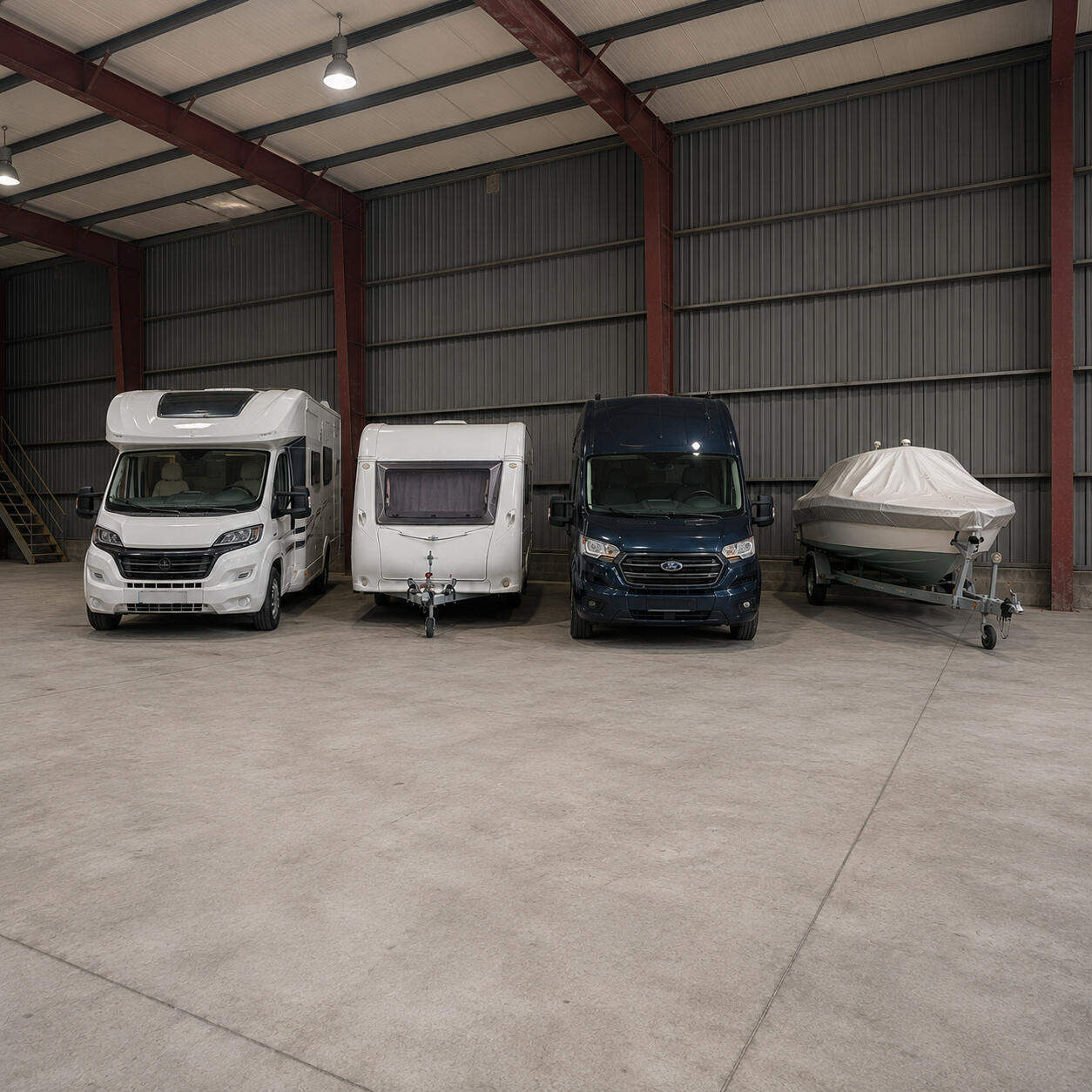 Moderne Fahrzeughalle mit nummerierten Stellplätzen für Wohnmobil, Wohnwagen, Campervan und Boot. Großzügige Rangierflächen und klar abgegrenzte Stellplätze sorgen für eine sichere und übersichtliche Fahrzeugunterstellung in Schwäbisch Hall-Sulzdorf.